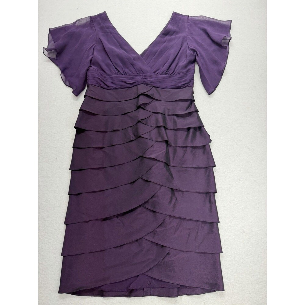 Adrianna Papell Purple Ruffled 100% Silk Dress Size 8 Chiffon Shoulder Fabric